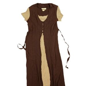 Marnie West Maxi Dress Womens 10 Brown Gingham Layered 90s Vintage Cottagecore